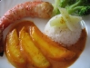 Gambas au curry d’agrumes, mangues poêlées et riz